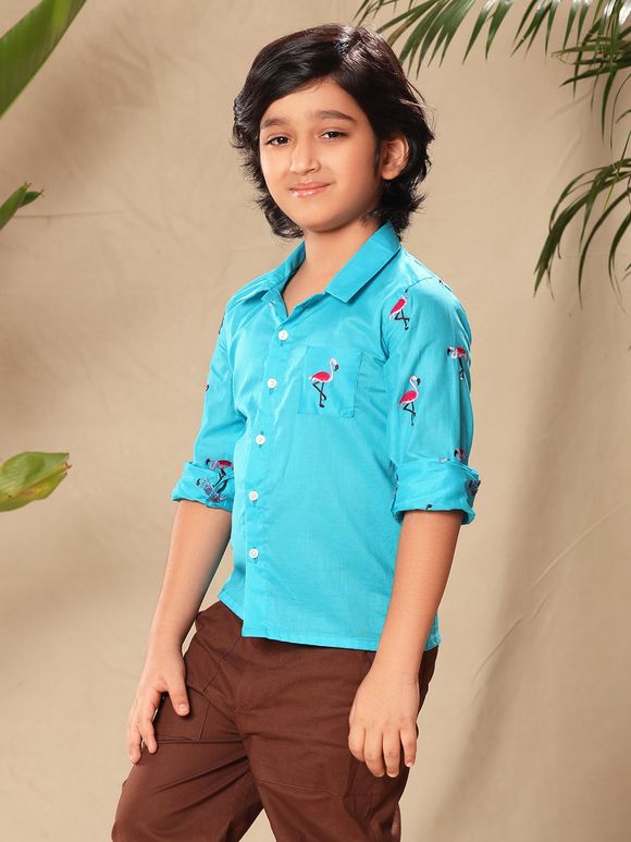 Blue Embroidered Cambric Cotton Shirt