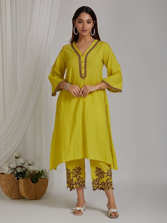 Yellow Embroidered Cotton Kurta with Pants - Set of 2