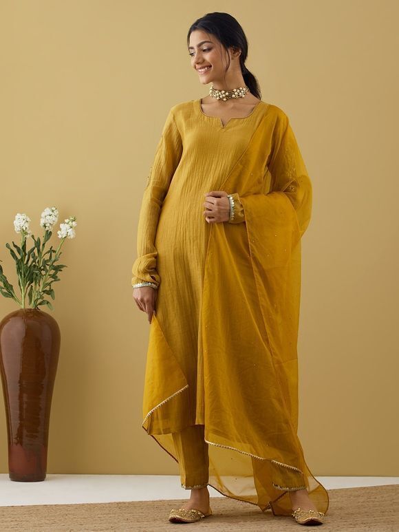 Yellow Hand Embroidered Chanderi Suit with Organza Dupatta- Set of 3