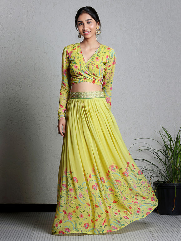 Lemon  Yellow Hand Embroidered Georgette Crop Top with Skirt- Set of 2