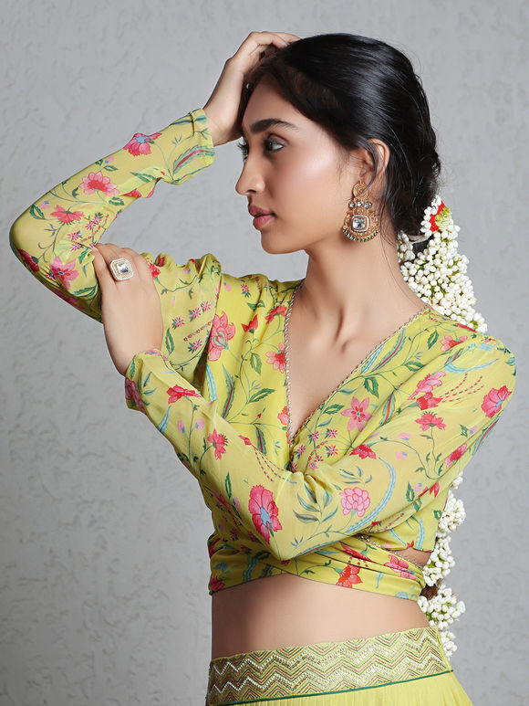 Lemon  Yellow Hand Embroidered Georgette Crop Top with Skirt- Set of 2