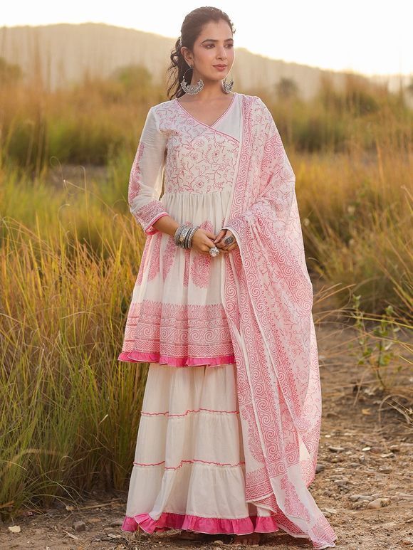 White Pink Hand Block Printed Mulmul Angrakha Peplum Sharara Suit- Set of 3