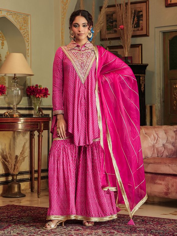 Pink Printed Muslin Embroidered  Sharara Suit- Set of 3
