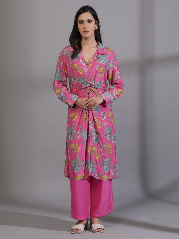 Pink Printed Cotton Silk Kurta with Pants- Set of 2