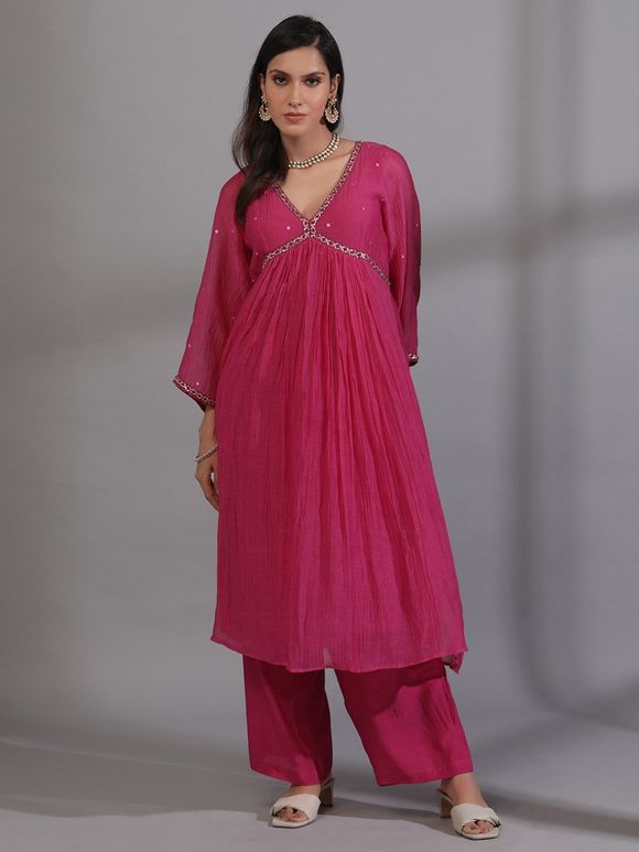 Pink Hand Embroidered Chanderi Kurta with Pants- Set of 2