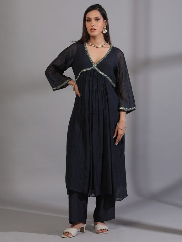 Navy Blue Hand Embroidered Chanderi Kurta with Pants- Set of 2