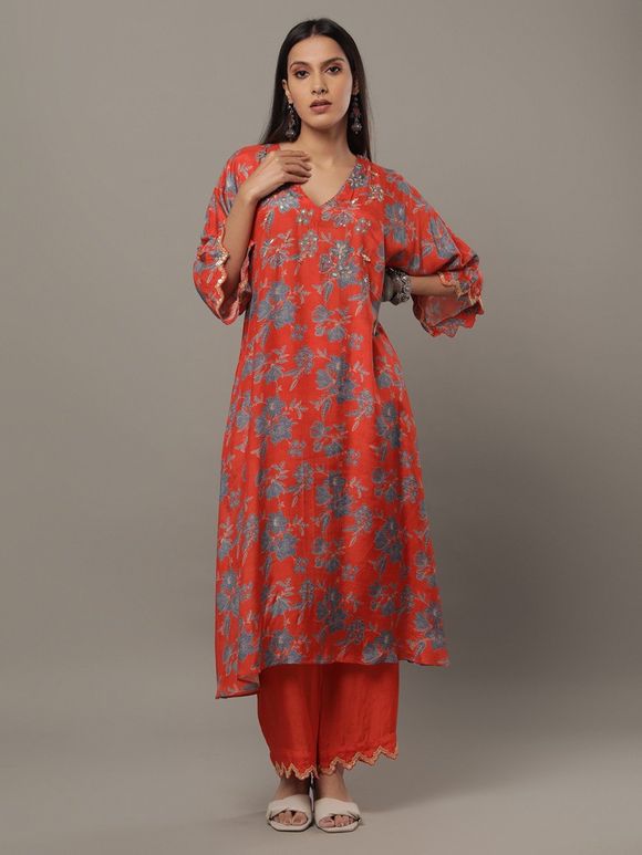 Red Hand Embroidered Cotton Silk Printed Kurta with Pants- Set of 2
