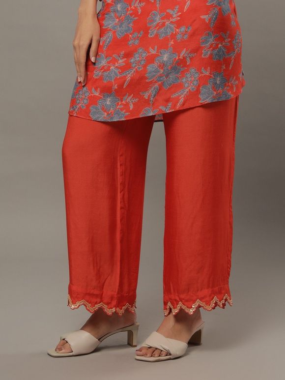 Red Hand Embroidered Cotton Silk Pants