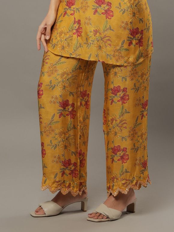 Mustard Yellow Hand Embroidered Cotton Silk Printed Pants