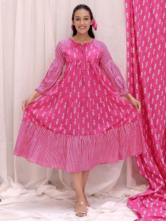 Pink Hand Block Printed Cambric Cotton Frill Dress