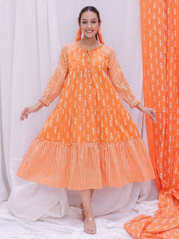 Orange Hand Block Printed Cambric Cotton Frill Dress