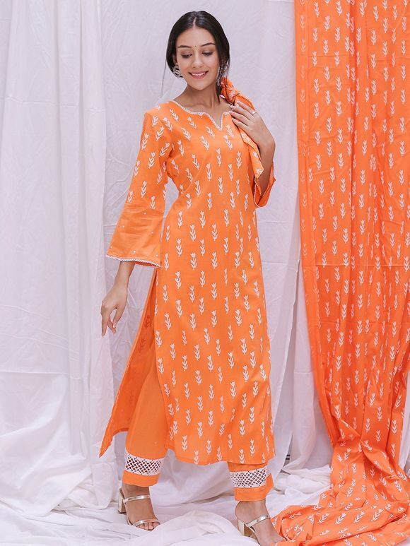 Orange Hand Block Printed Cambric Cotton Kurta with Pants- Set of 2