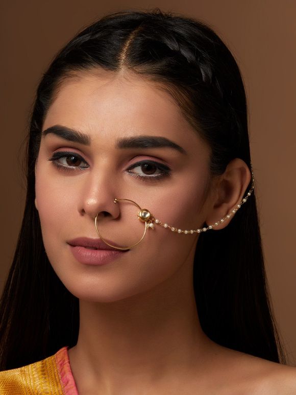 Gold Plated Handcrafted Metal Kundan Nose Ring