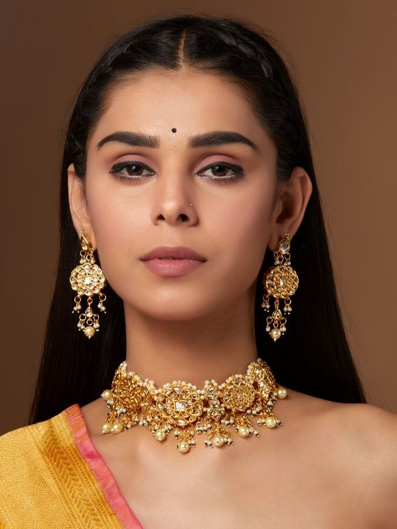 Gold Plated Handcrafted Metal Kundan Choker with Earrings- Set of 2