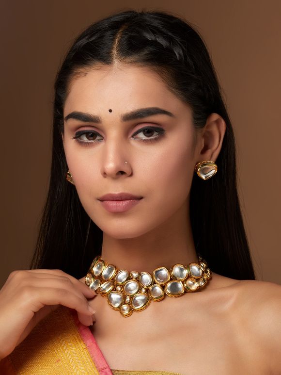 Gold Plated Handcrafted Metal Kundan Choker with Earrings- Set of 2