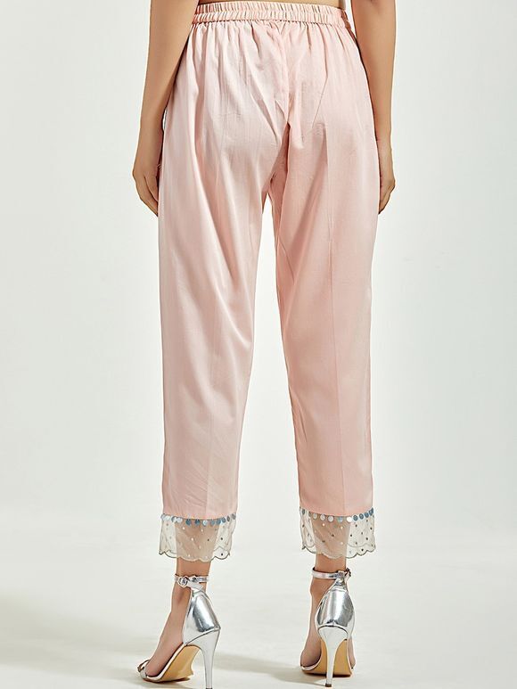 Light Pink Sequins Embroidered Cotton Satin Pants