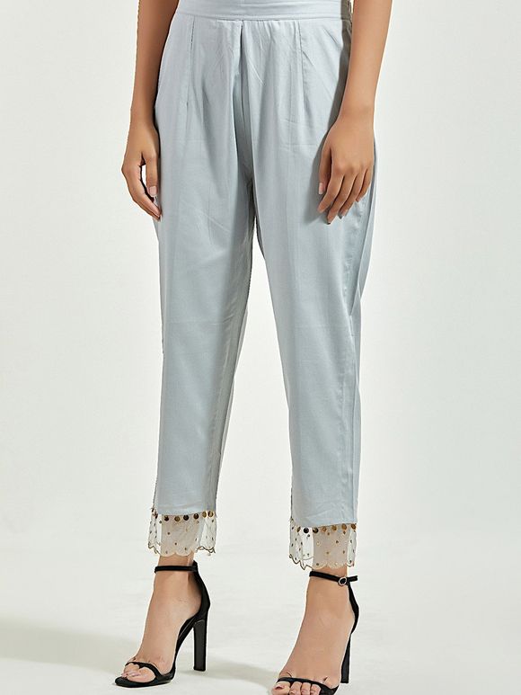 Light Grey Sequins Embroidered Cotton Satin Pants