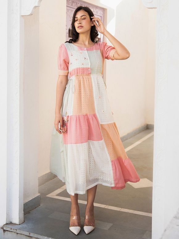 Grey Pink Mulmul Linen Dress with Hand Block Printed Cotton Flax Slip