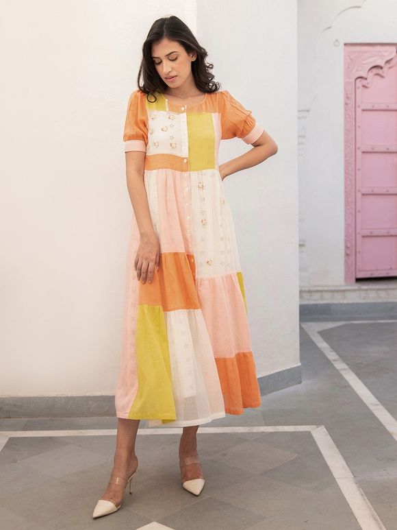Orange Yellow Hand Embroidered Chanderi Dress with Hand Block Printed Cotton Flax Slip