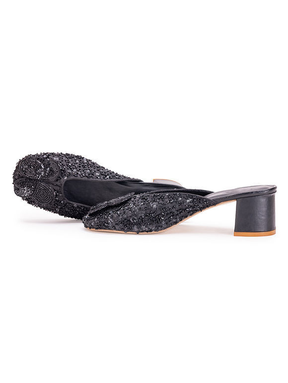 Black Embroidered Leatherette Heels