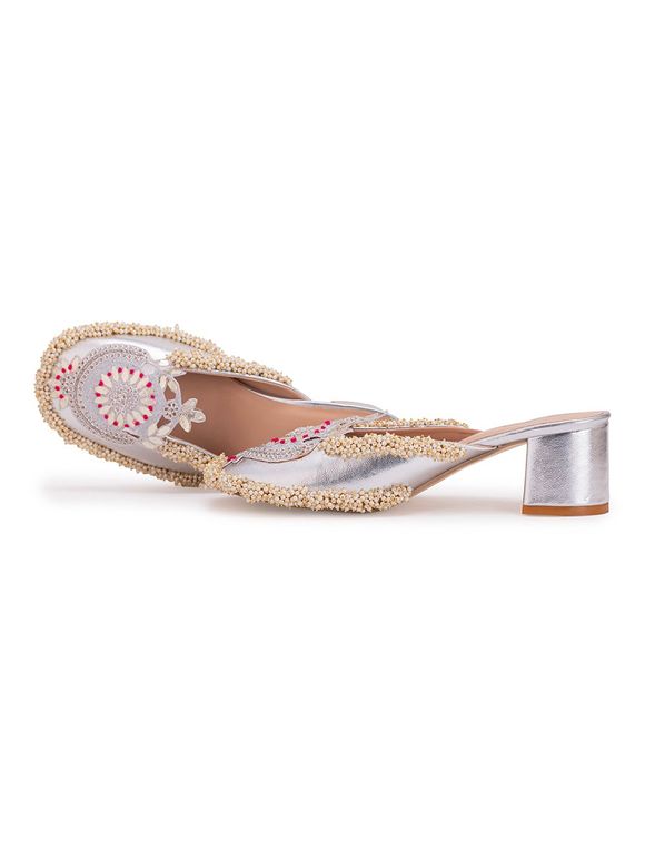 Silver Embroidered Leatherette Heels