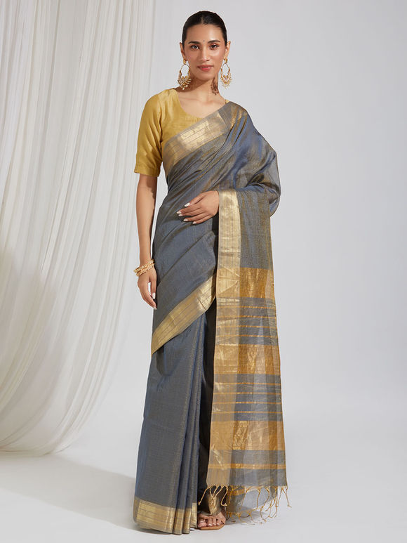 Grey Maheshwari Tissue Silk Saree