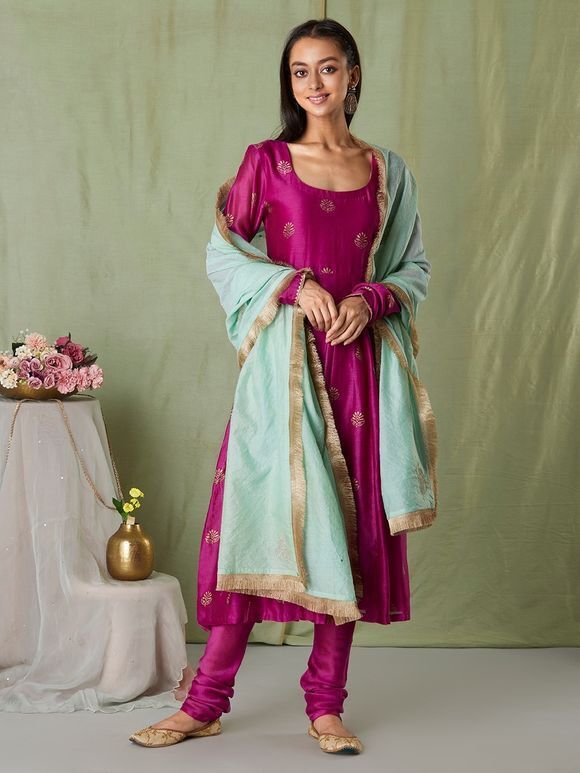 Magenta Hand Block Printed Chanderi Anarkali Suit with Sea Green Embroidered Dupatta - Set of 3