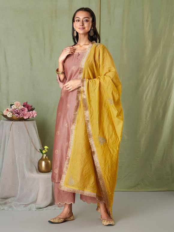 Mauve Hand Block Printed Chanderi Suit with Mustard Yellow Embroidered Dupatta - Set of 3