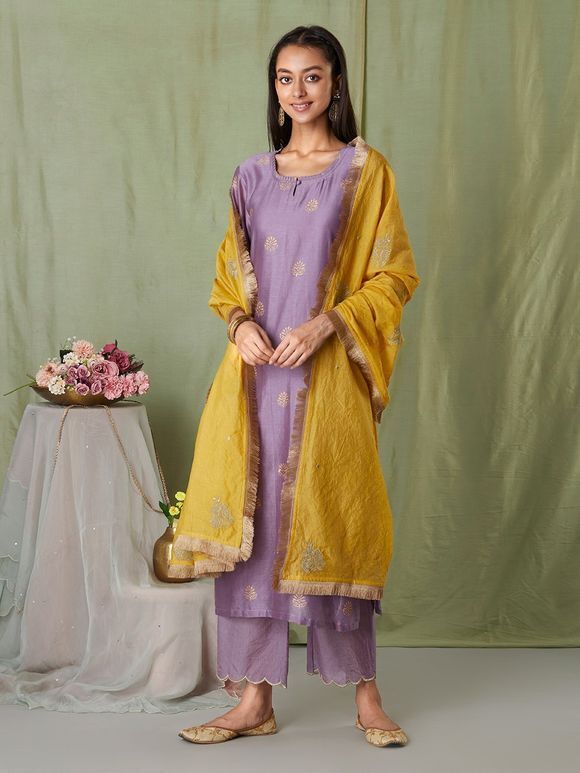 Lavender Hand Block Printed Chanderi Suit with Mustard Yellow Embroidered Dupatta - Set of 3