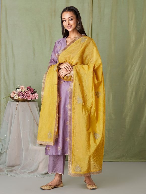 Lavender Hand Block Printed Chanderi Embroidered Suit with Mustard Yellow Dupatta - Set of 3