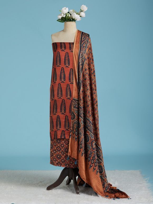 Rust Blue Ajrakh Printed Modal Silk Suit Fabric with Dupatta- Set of 3