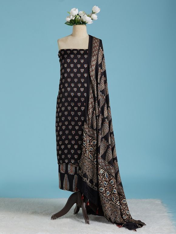 Black Ajrakh Printed Modal Silk Suit Fabric with Dupatta- Set of 3