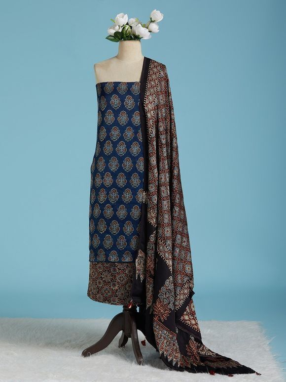 Black Blue Ajrakh Printed Modal Silk Suit Fabric with Dupatta- Set of 3