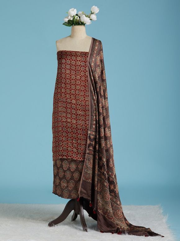 Maroon Brown Ajrakh Printed Modal Silk Suit Fabric with Dupatta- Set of 3