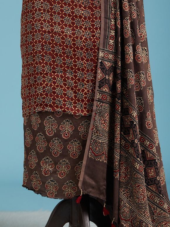 Maroon Brown Ajrakh Printed Modal Silk Suit Fabric with Dupatta- Set of 3