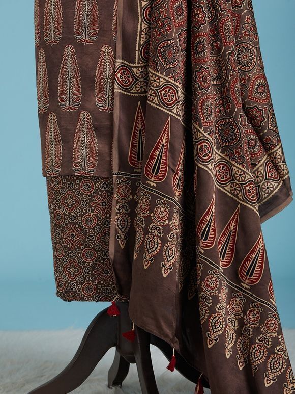 Brown Ajrakh Printed Modal Silk Suit Fabric with Dupatta- Set of 3