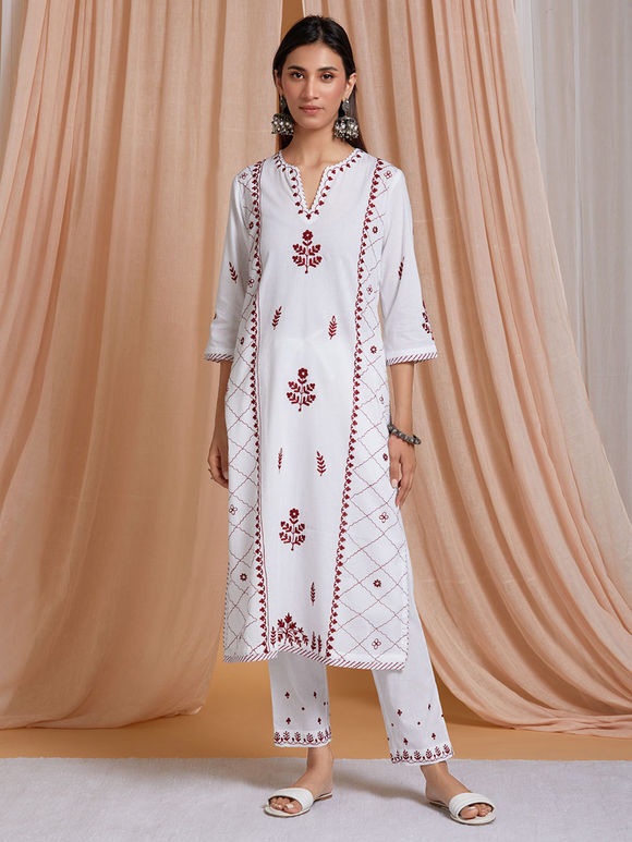 Buy White Aari Embroidered Cotton Kurta with Palazzo- Set of 2