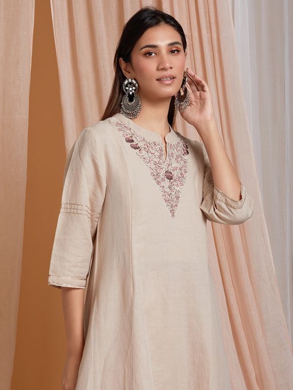 Beige Hand Embroidered Cotton Linen A-Line Kurta with Palazzo - Set of 2