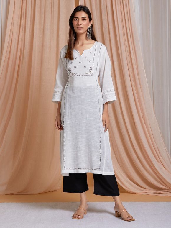 White Hand Embroidered Cotton A-Line Kurta with Palazzo - Set of 2