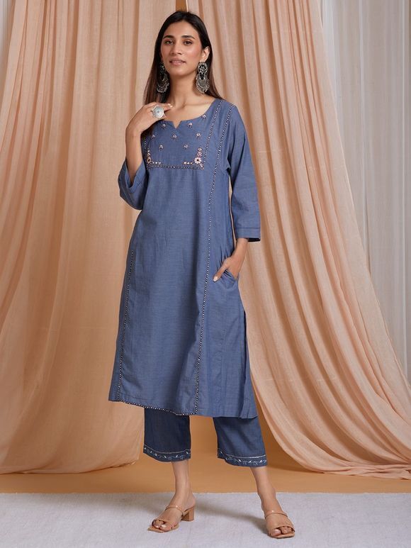 Blue Hand Embroidered Cotton Viscose A-Line Kurta with Palazzo - Set of 2