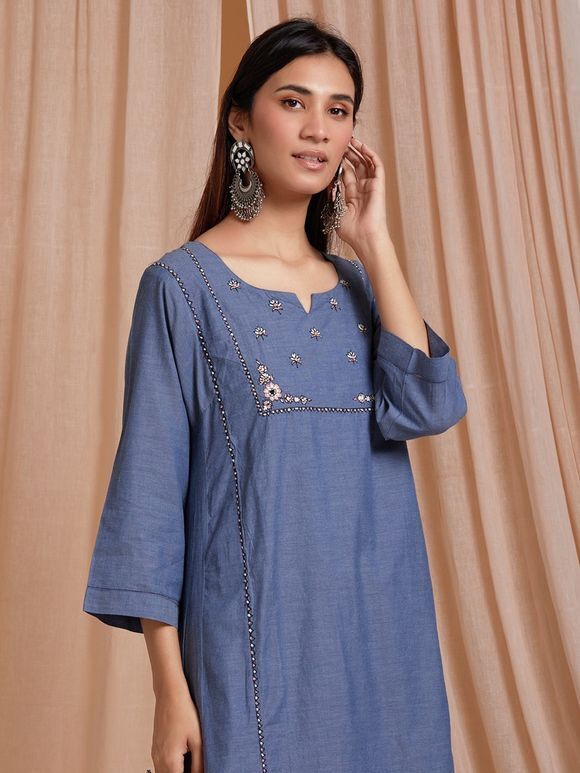 Blue Hand Embroidered Cotton Viscose A-Line Kurta with Palazzo - Set of 2