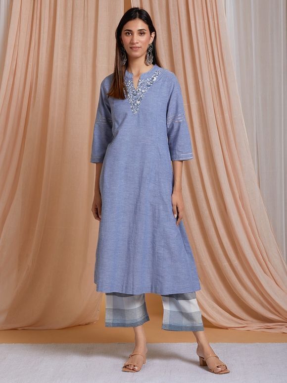 Blue Hand Embroidered Cotton Linen A-Line Kurta with Palazzo - Set of 2