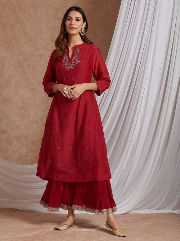 Red Hand Embroidered Cotton Silk A-Line Kurta with Mulmul Crinkled Skirt - Set of 2