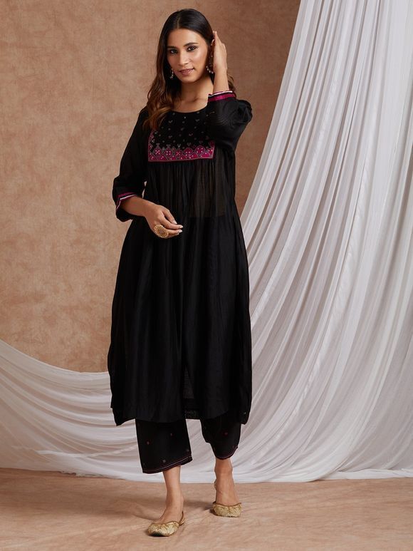 Black Hand Embroidered Chanderi Silk A-Line Kurta with Slip and Pants - Set of 2