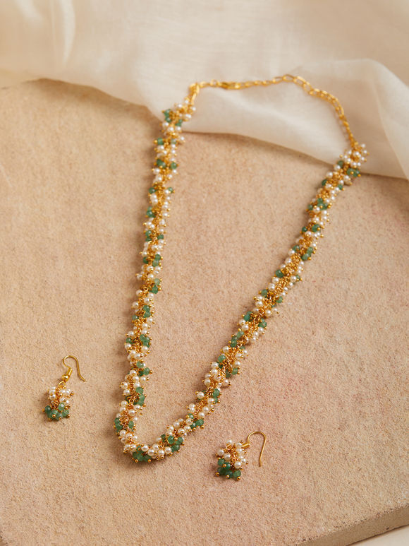Gold Toned Green Handcrafted Brass Necklace with Earrings- Set of 2