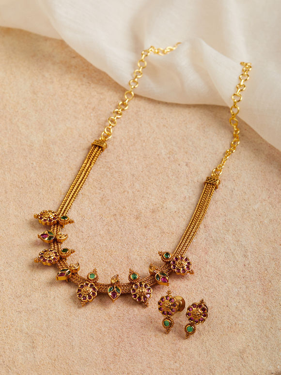 Gold Toned Handcrafted Brass Necklace with Earrings- Set of 2