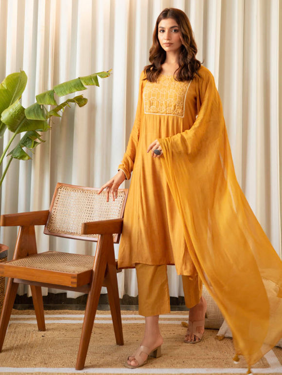 Mustard Yellow Embroidered Muslin Suit- Set of 3