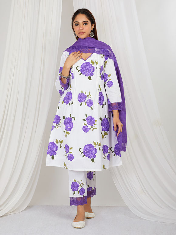 Purple White Hand Block Printed Cotton Suit - Set of 3