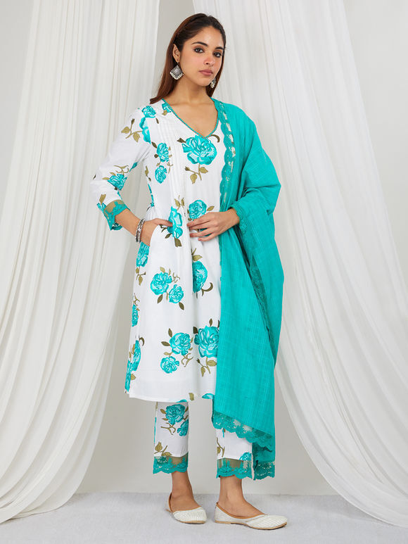 Sea Green White Hand Block Printed Cotton Suit - Set of 3
