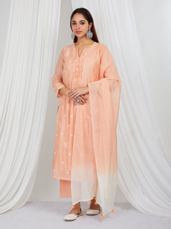 Peach Embroidered Chanderi Mul Suit - Set of 3